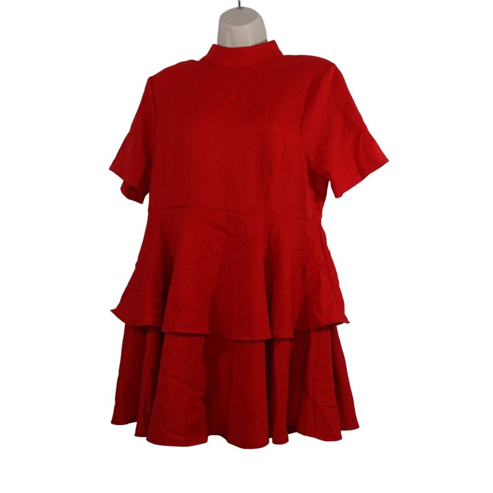 Pretty Little Thing Red Short Sleeve Tiered Skater Dress Women Size 16 NEW